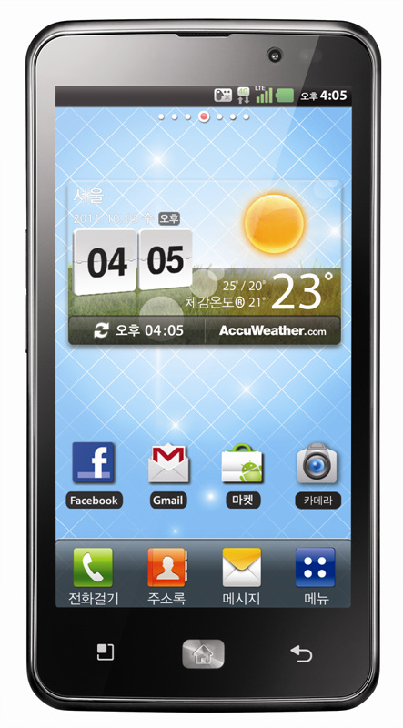 Front view of LG’s 4G HD SMARTPHONE with a weather display on the screen
