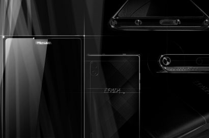 Sketch designs of front, rear and side of PRADA Phone