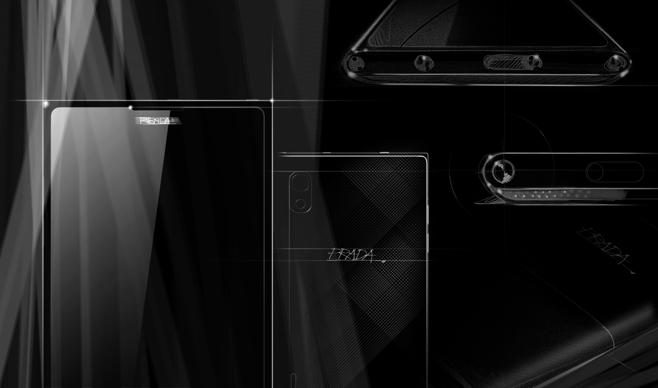 Sketch designs of front, rear and side of PRADA Phone