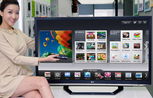 A model is demonstrating the newest Smart TV features with a 2012 LG CINEMA 3D Smart TV.