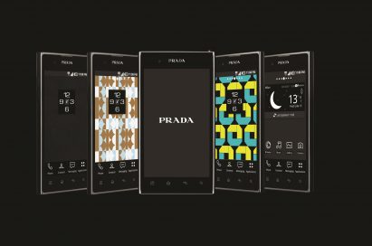 Five different home screen designs displayed on five PRADA phones by LG 3.0