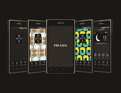 Five different home screen designs displayed on five PRADA phones by LG 3.0