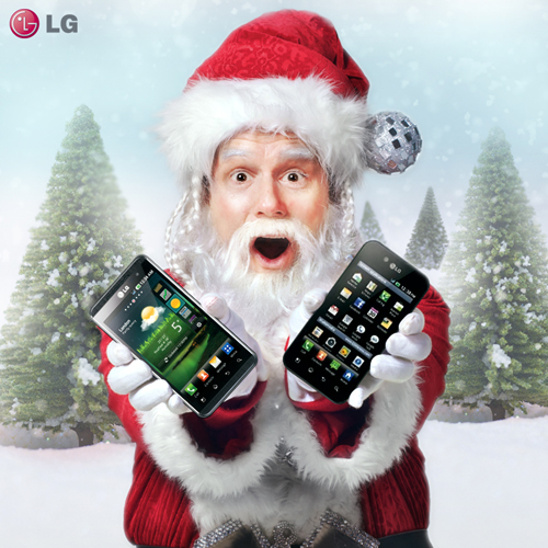 Santa Claus holds LG Optimus 3D and LG Optimus Black and shows its front views