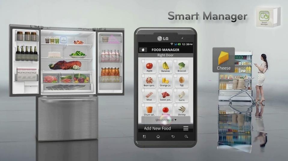 An infographic showing how Smart Manager works with an LG refrigerator and smartphone