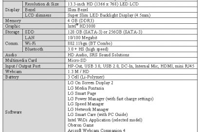 Specifications of LG Ultrabook model Z330