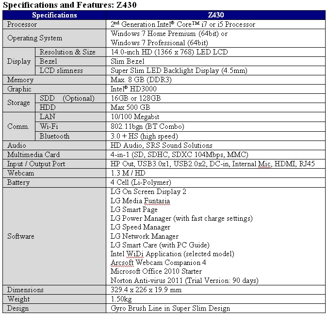 Specifications of LG Ultrabook model Z4301