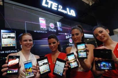 Last image of four female models holding eight LG LTE smartphones at MWC 2012