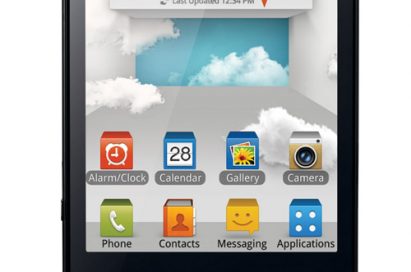 Front view of the LG OPTIMUS 3D MAX with a weather display on the screen