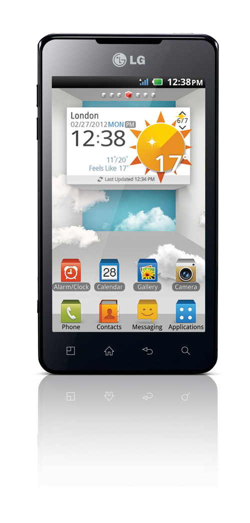 Front view of the LG OPTIMUS 3D MAX with a weather display on the screen