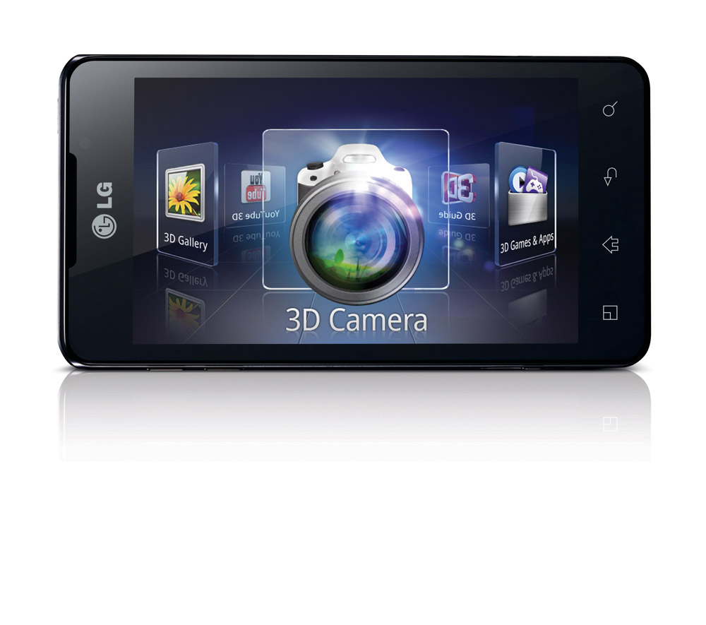 Close-up image of the LG OPTIMUS 3D MAX with information on the screen about the 3D camera