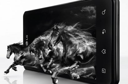 Close up marketing image of the LG OPTIMUS 3D MAX with an image of a horse coming out of the screen