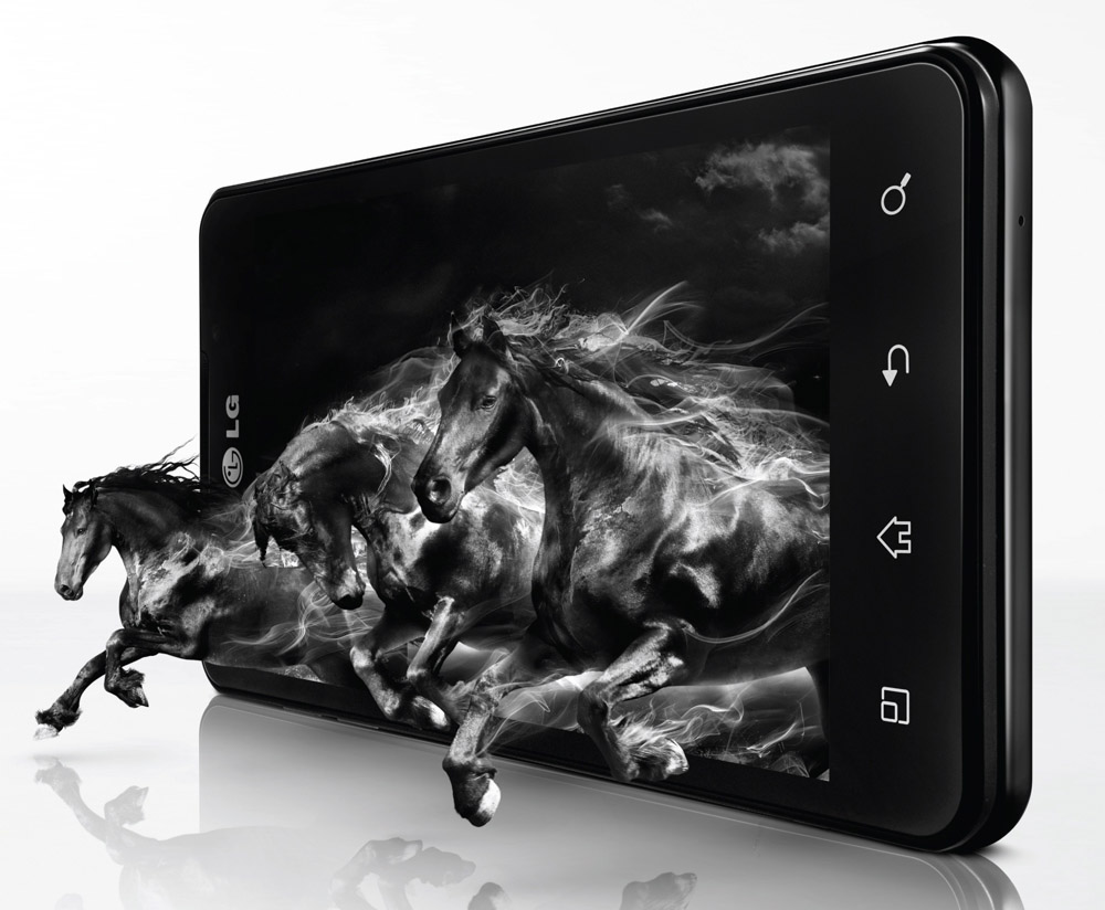 Close up marketing image of the LG OPTIMUS 3D MAX with an image of a horse coming out of the screen