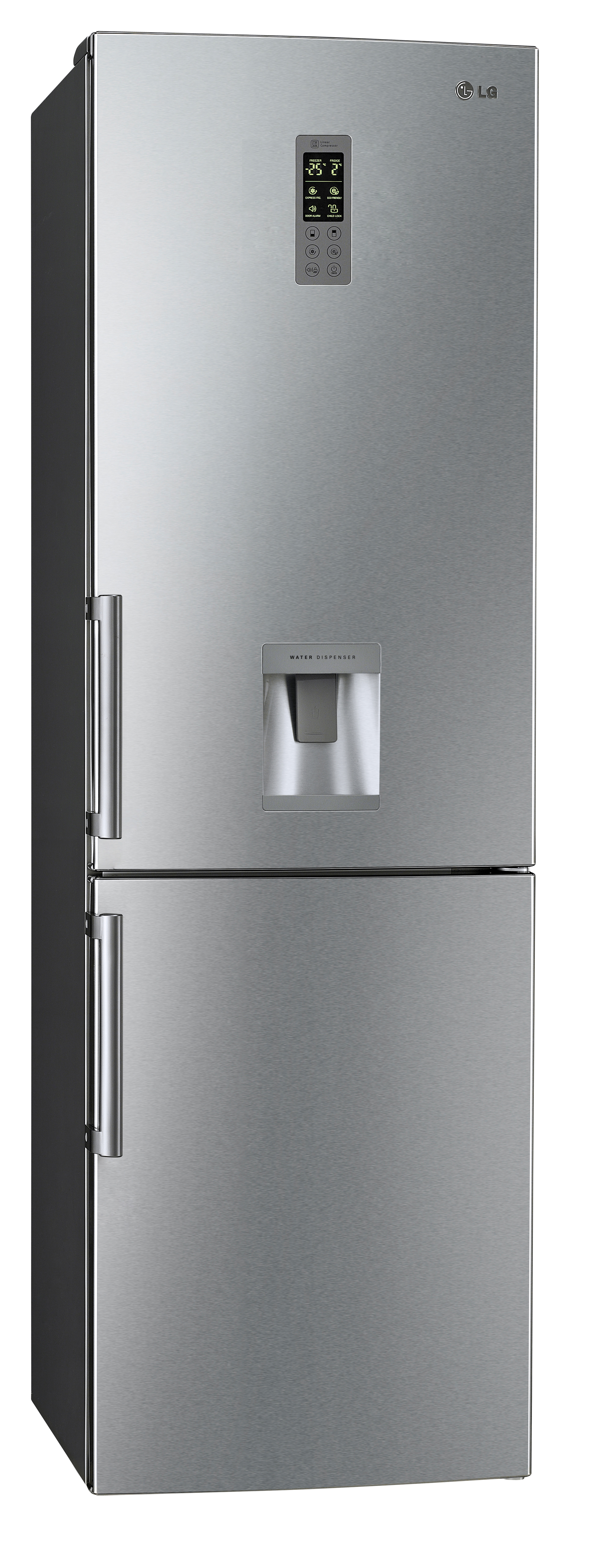 A front view of the LG bottom-freezer refrigerator (model GB5240AVAZ)