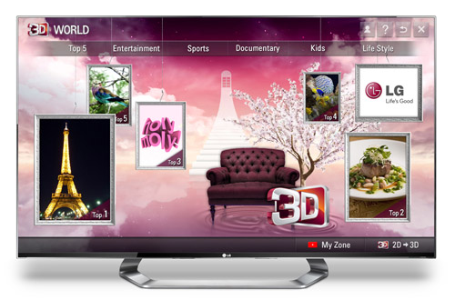 The home page of LG’s premium 3D content service, 3D World, on an LG TV.