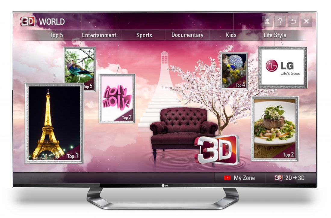 The Home of LG's 3D content platform, 3D World displayed on the screen of an LG TV