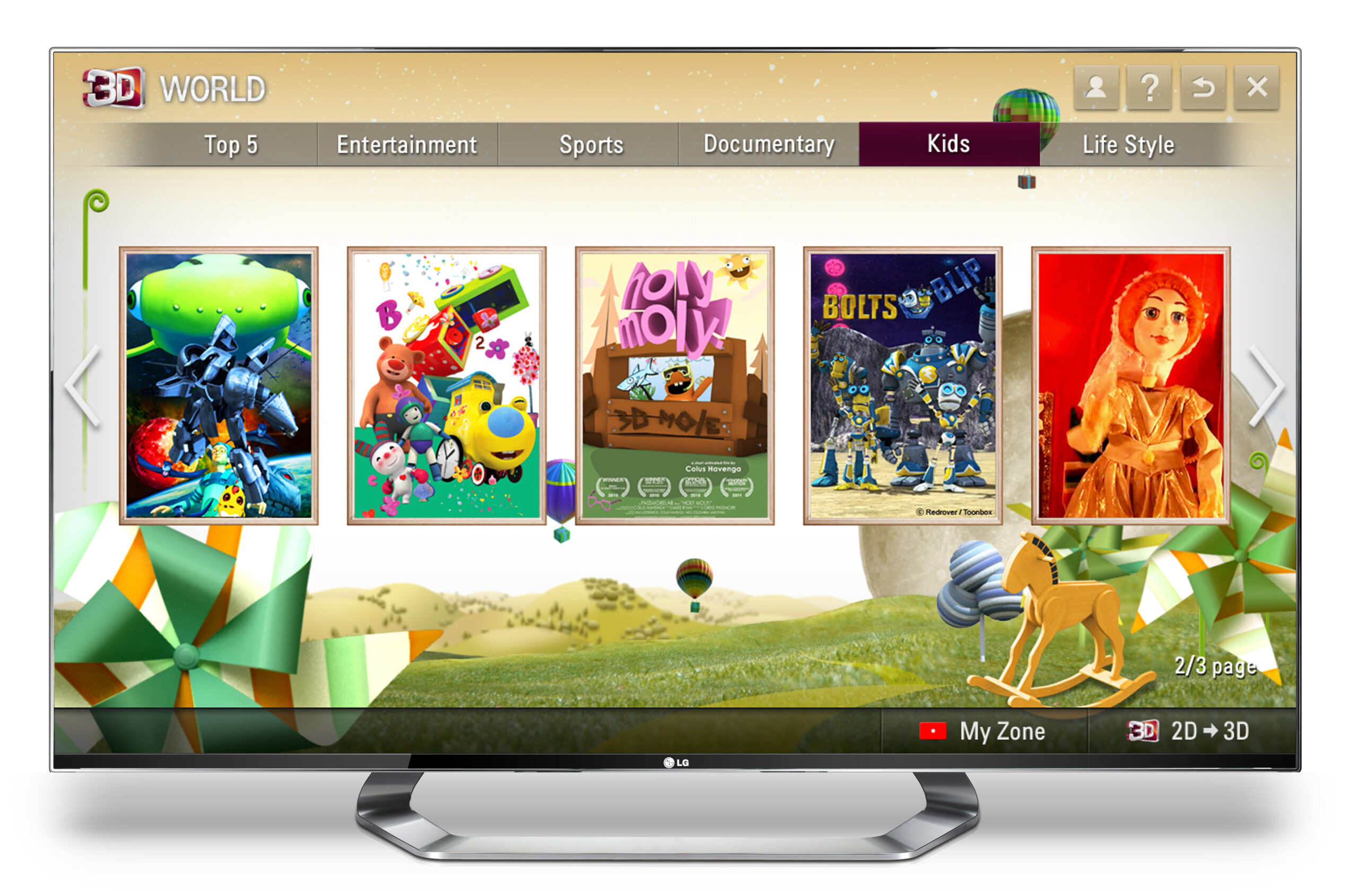 The kids’ section of LG’s premium 3D content service 3D World on an LG TV