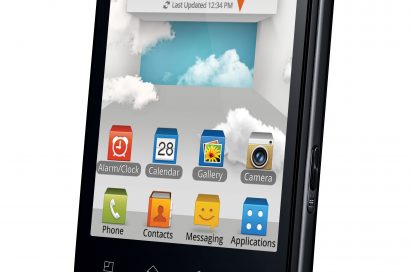 A top view of LG's Optimus 3D Max as if the phone is put on a place vertically while displaying its home screen.