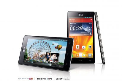 15-degree horizontal front, vertical front and side views of LG Optimus 4X HD above logos of Optimus 4X HD, True HD IPS and SiO+ technology