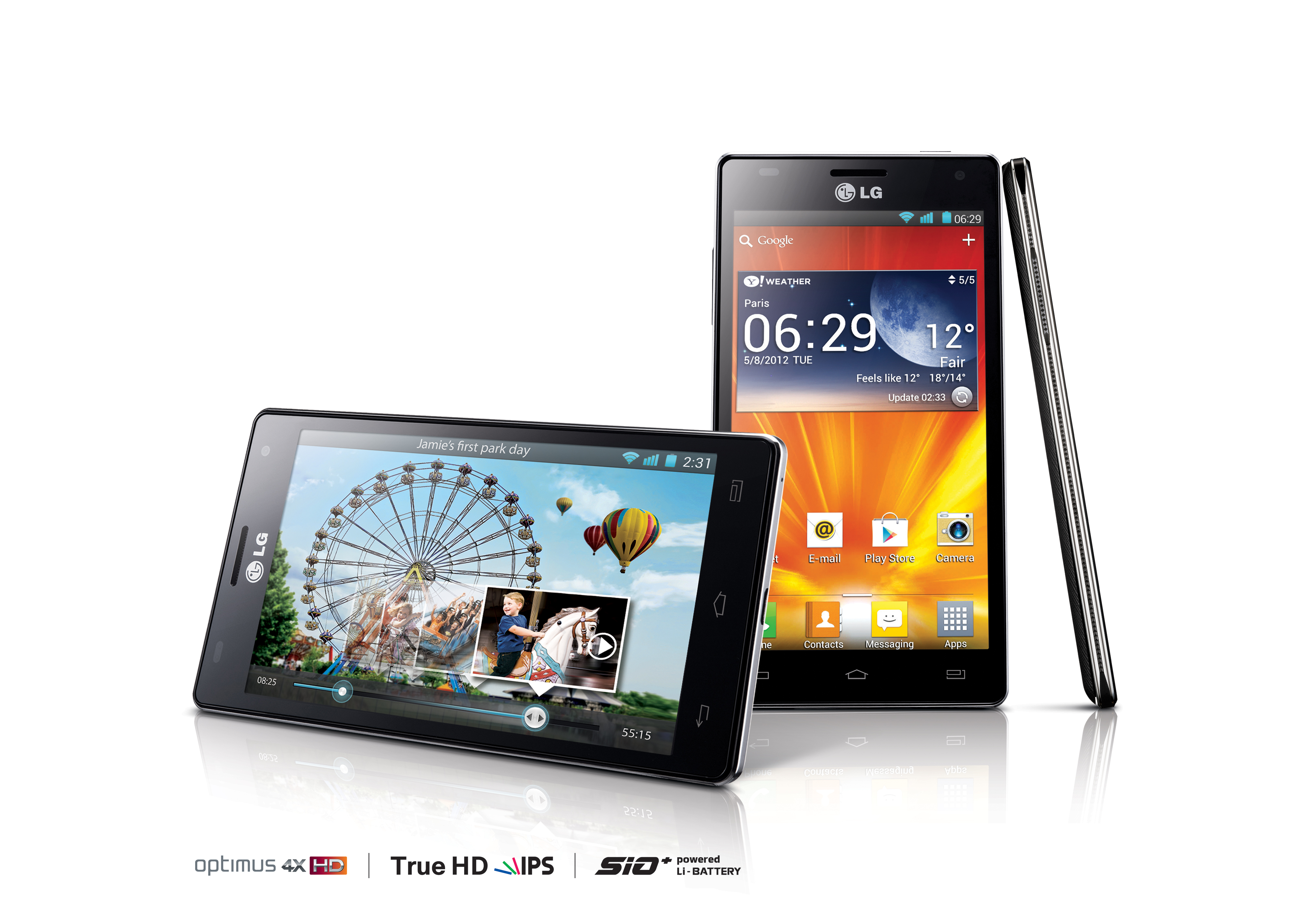 15-degree horizontal front, vertical front and side views of LG Optimus 4X HD above logos of Optimus 4X HD, True HD IPS and SiO+ technology