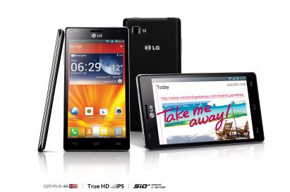 A side, vertical front, rear and 15-degree horizontal front view of the LG Optimus 4X HD above the logos of Optimus 4X HD, True HD IPS and SiO+ technology