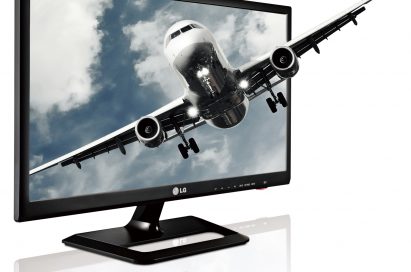 LG’s premium personal TV model DM2752 with the image of a flying aircraft protruding from its display
