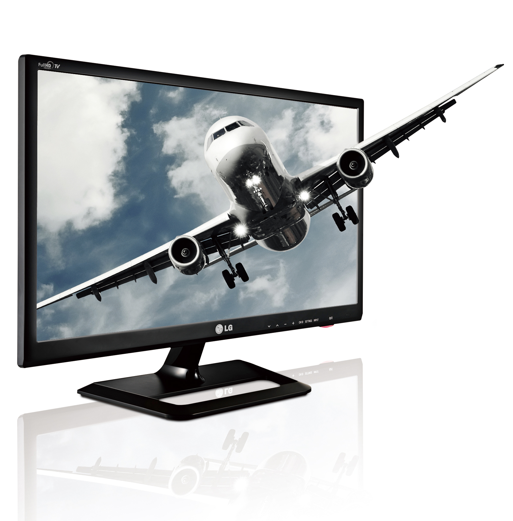 LG’s premium personal TV model DM2752 with the image of a flying aircraft protruding from its display