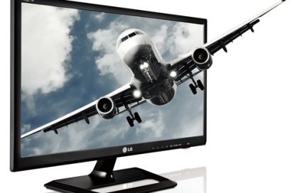 LG’s premium personal TV model DM2752 with the image of a flying aircraft protruding from its display.