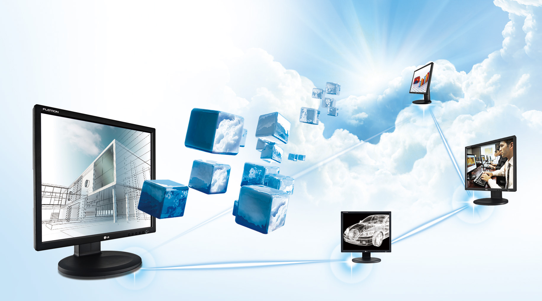 Main visual of the LG cloud monitor P Series, depicting four connected cloud monitors transmitting data between one another