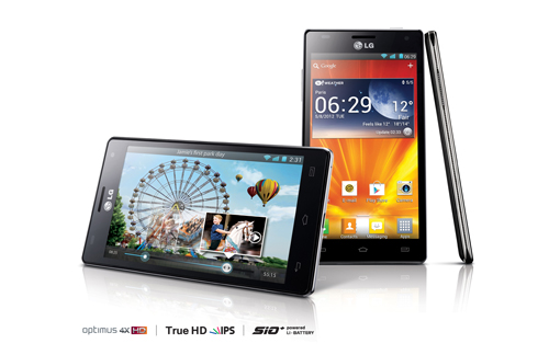 15-degree horizontal front, vertical front and side views of LG Optimus 4X HD above logos of Optimus 4X HD, True HD IPS and SiO+ technology