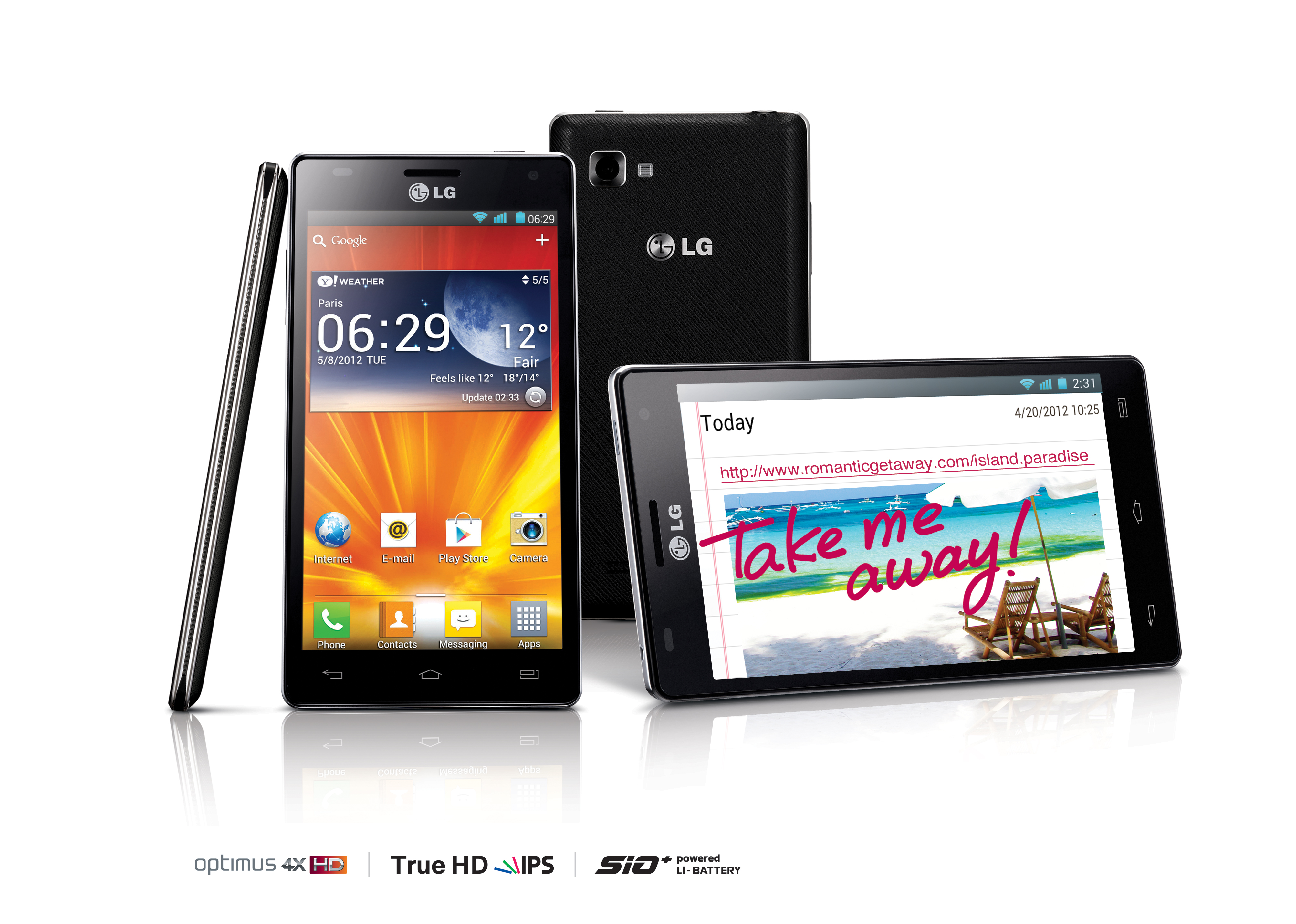 A side, vertical front, rear and 15-degree horizontal front view of the LG Optimus 4X HD above the logos of Optimus 4X HD, True HD IPS and SiO+ technology
