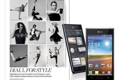 A fashion spread next to a front and rear view of the LG OPTIMUS L-SERIES