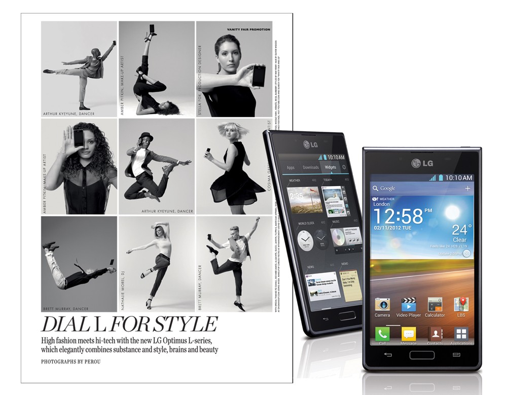 A fashion spread next to a front and rear view of the LG OPTIMUS L-SERIES