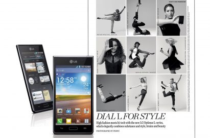 Two different front views of LG Optimus L7 next to an image involving 9 different models in posing in different positions while holding LG Optimus L-Series smartphones