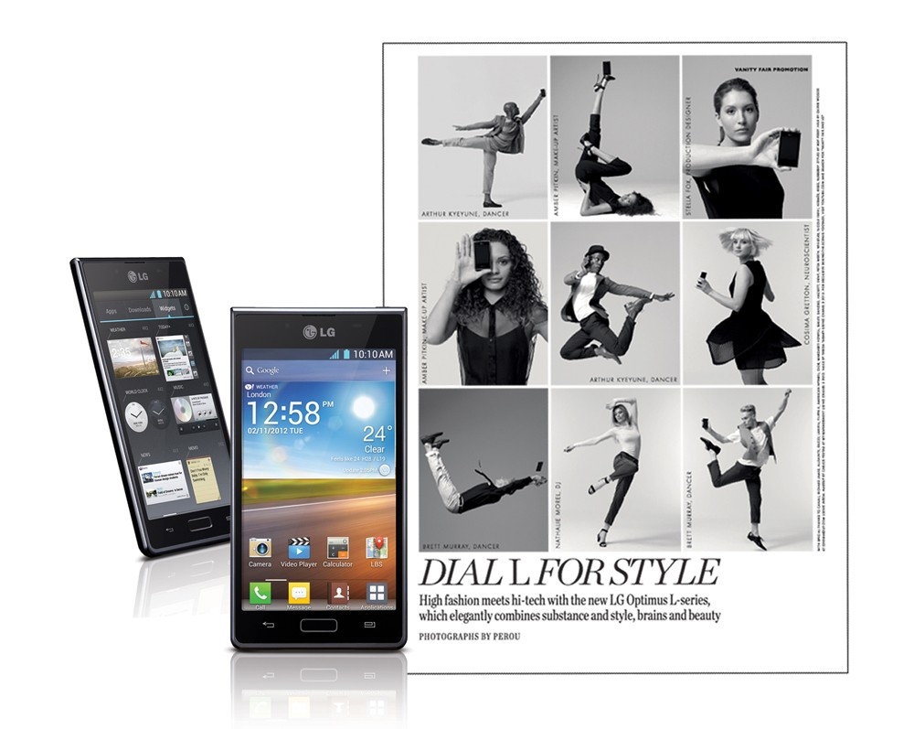 Another view of a fashion spread next to a front and rear view of the LG OPTIMUS L-SERIES