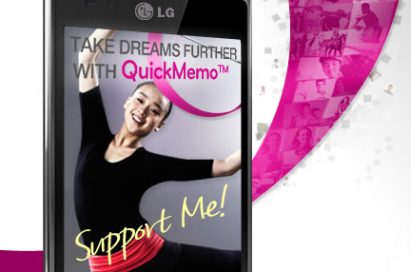 An image of a famous South Korean rhythmic gymnast, Yeon-jae Son, is displayed on an LG smartphone with the phrases ‘take dreams further with QuickMemoTM’ and ‘Support Me!’