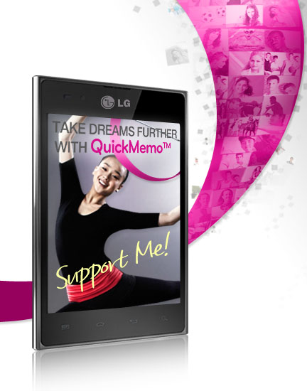 An image of a famous South Korean rhythmic gymnast, Yeon-jae Son, is displayed on an LG smartphone with the phrases ‘take dreams further with QuickMemoTM’ and ‘Support Me!’