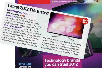 The cover of U.K.-based magazine Which? with a clipping of the page that features LG’s 47LM860 TV overlapping