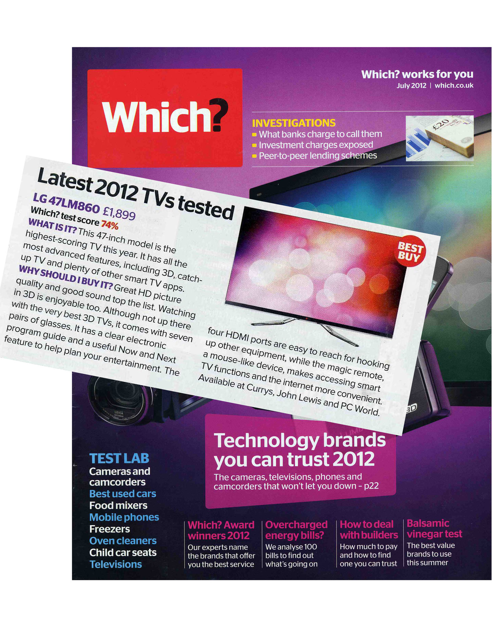 The cover of U.K.-based magazine Which? with a clipping of the page that features LG’s 47LM860 TV overlapping