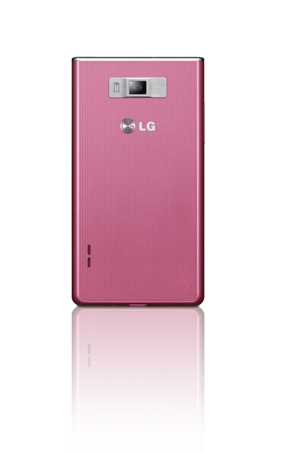Rear view of the LG Optimus L7 smartphone in pink