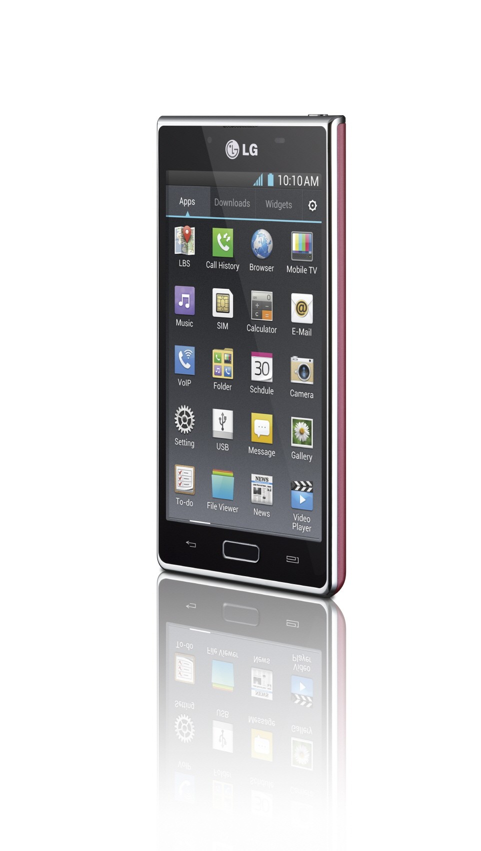 Front view of the LG Optimus L7 with apps displayed on the screen while facing 15 degrees to the left