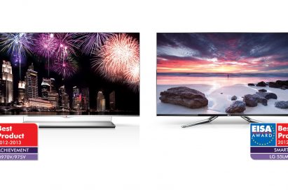 LG 55EM970V with EISA Award Best Product logo for Display Achievement on the left, and LG 55LM960V with EISA Award Best Product logos for Smart TV category on the right