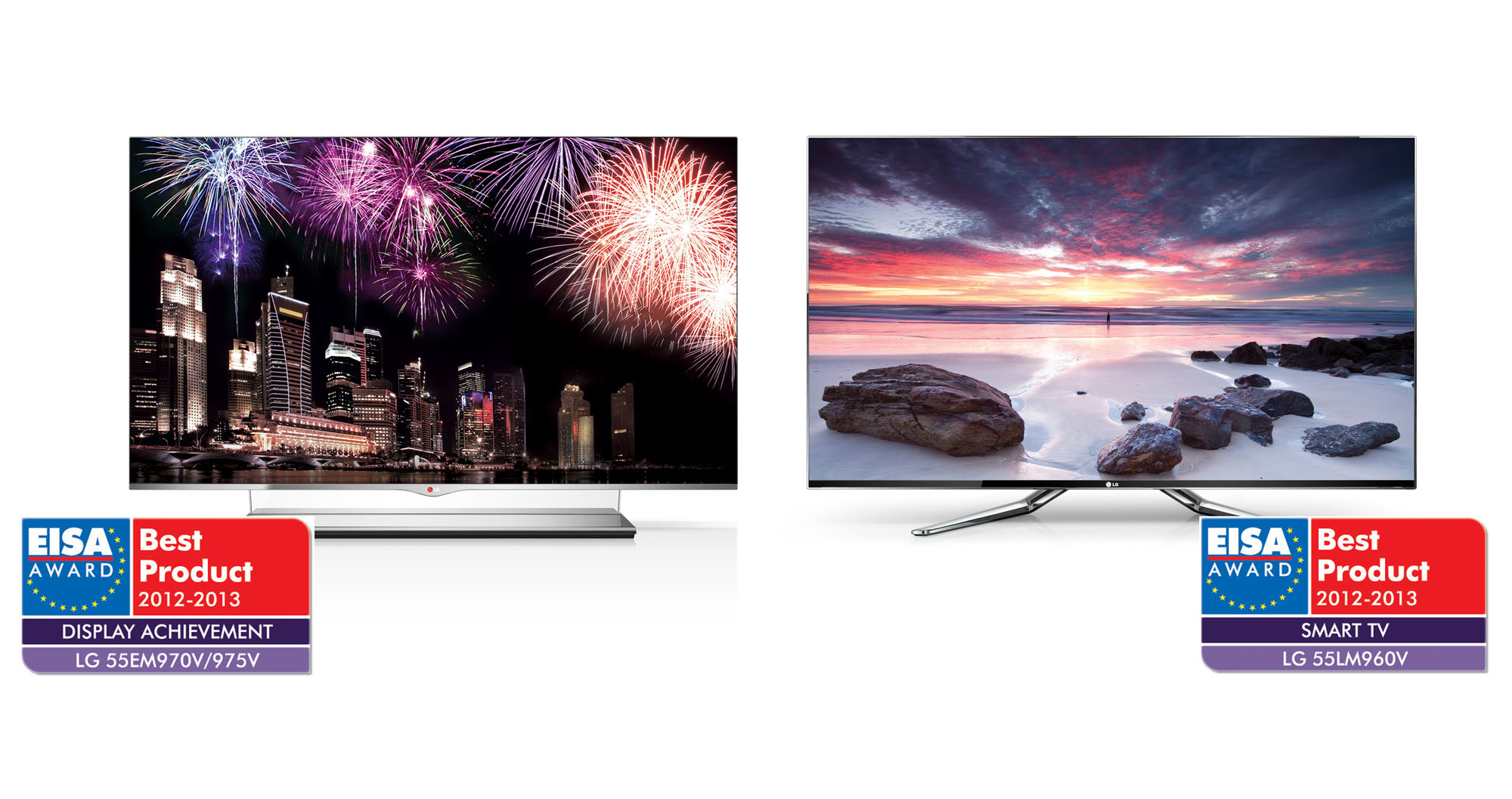 LG 55EM970V with EISA Award Best Product logo for Display Achievement on the left, and LG 55LM960V with EISA Award Best Product logos for Smart TV category on the right