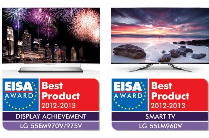 LG 55EM970V and 55LM960V placed on top of EISA Award Best Product logos for Display Achievement and Smart TV category