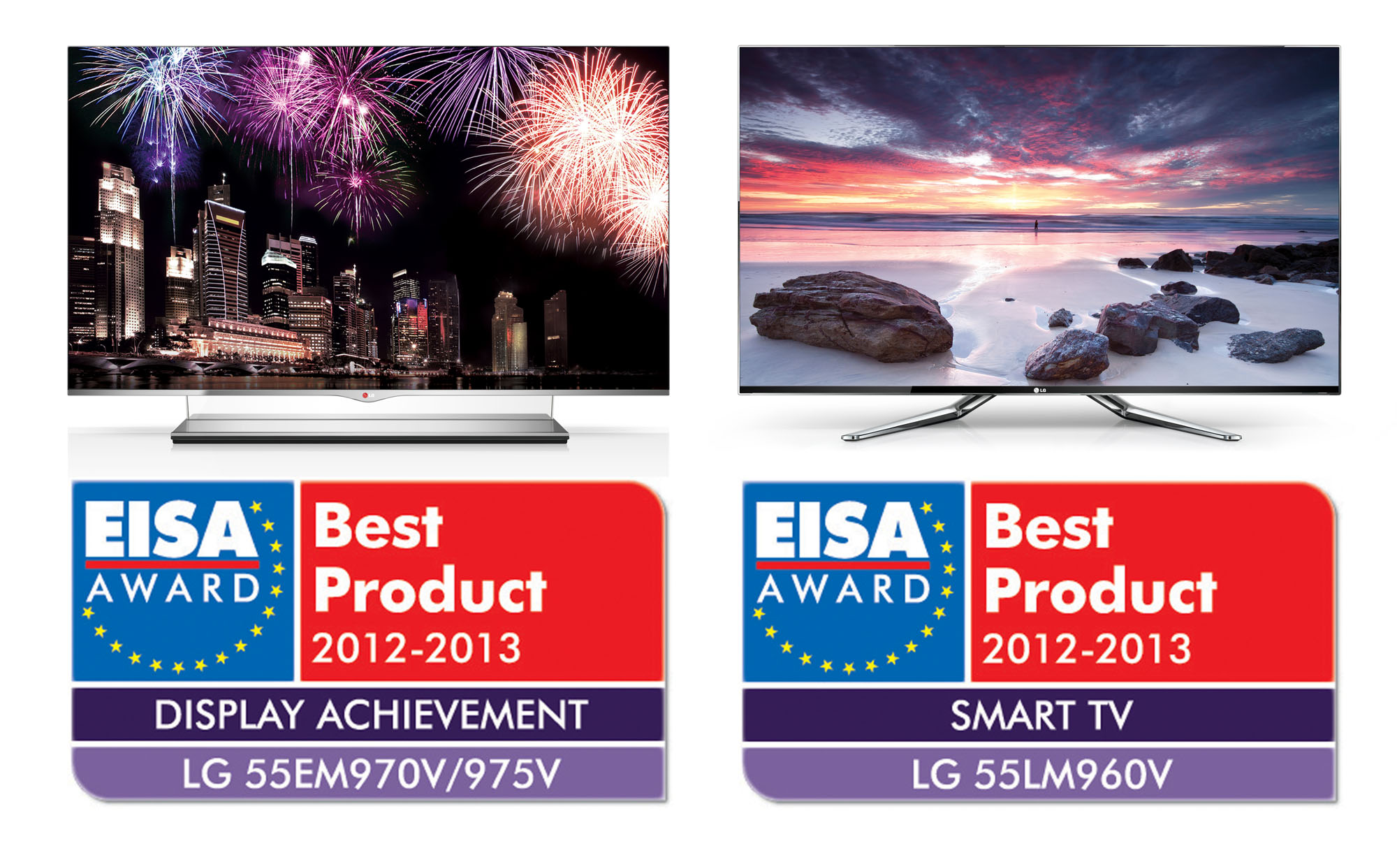 LG 55EM970V and 55LM960V placed on top of EISA Award Best Product logos for Display Achievement and Smart TV category
