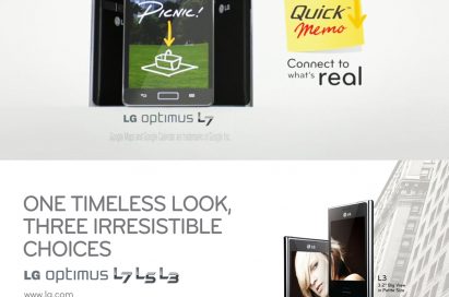 The QuickMemoTM feature is displayed on LG Optimus L7 on the top and front views of the LG Optimus L3, L5 and L7 are displayed at the bottom