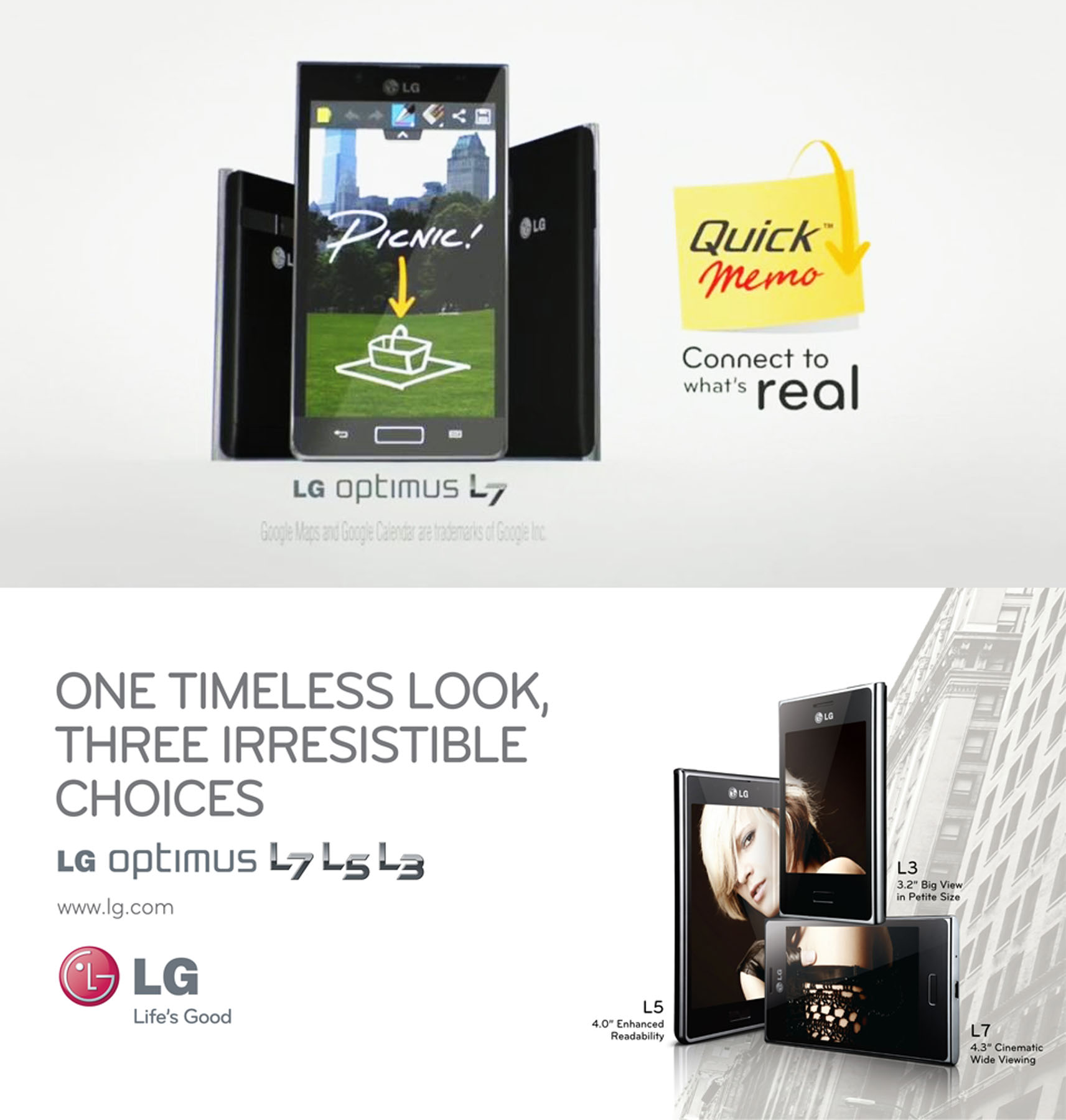 The QuickMemoTM feature is displayed on LG Optimus L7 on the top and front views of the LG Optimus L3, L5 and L7 are displayed at the bottom