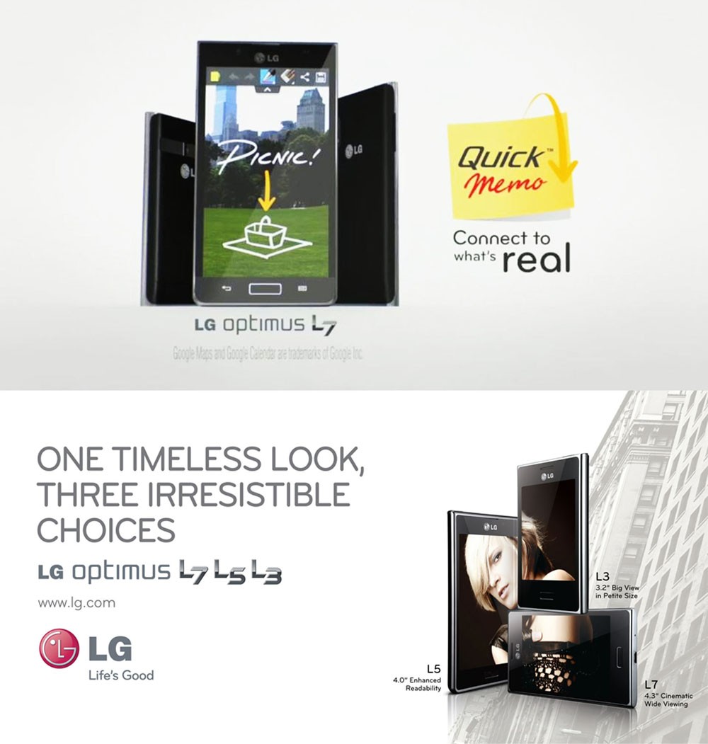 A promotional image to explain the QuickMemo feature with front and rear view of the LG Optimus L7 smartphones