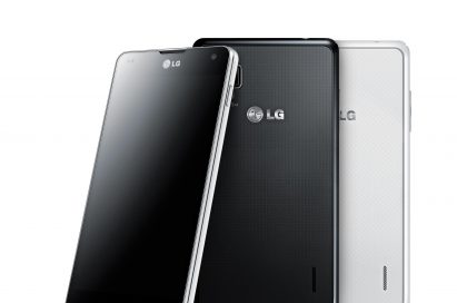 Front view and rear views of LG Optimus G in black and rear view of LG Optimus G in white