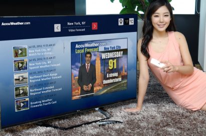 A model lies on the floor while controlling an LG Smart TV as it displays a weather forecast channel