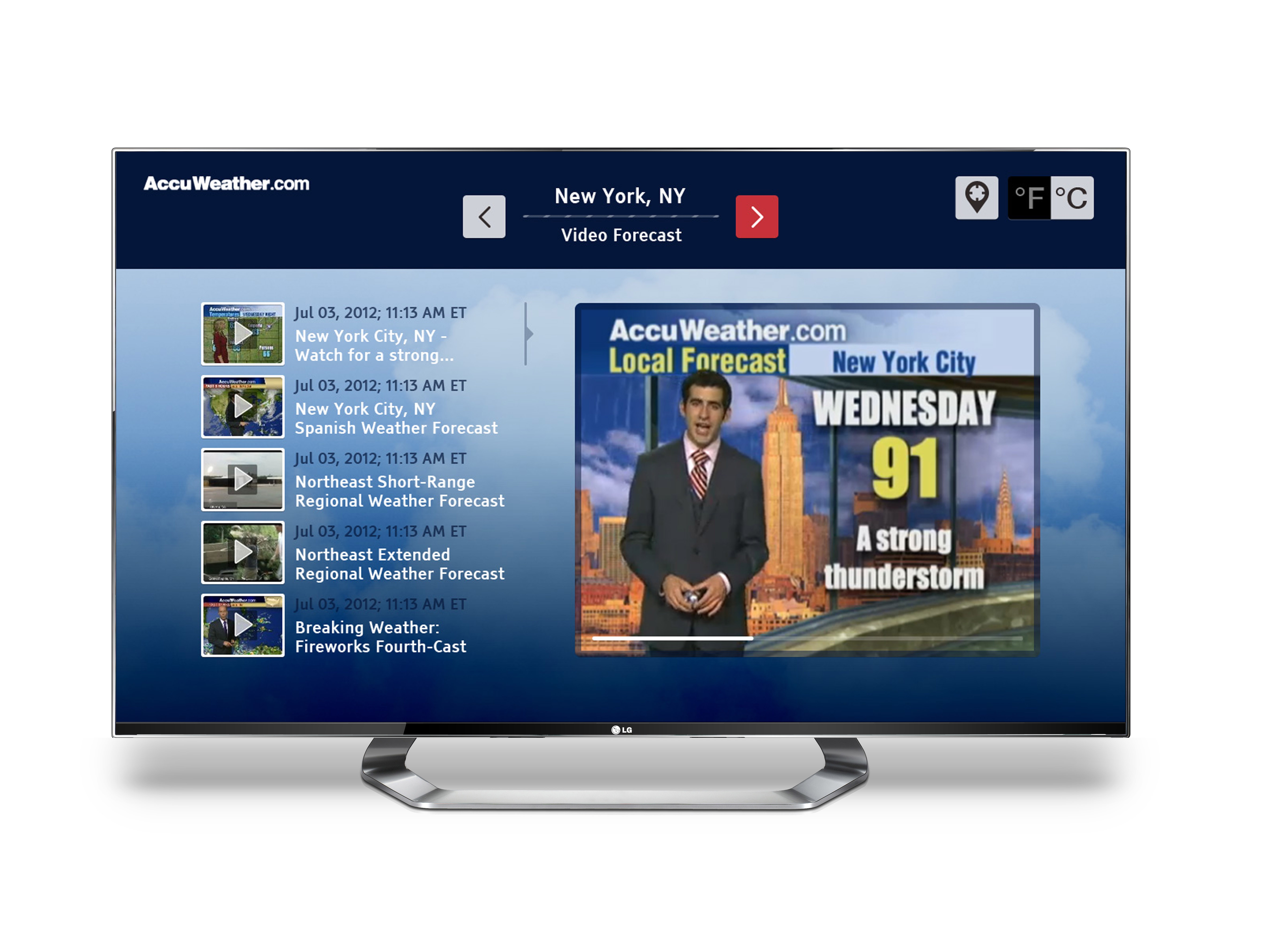 The LG Smart TV displaying the weather forecast channel